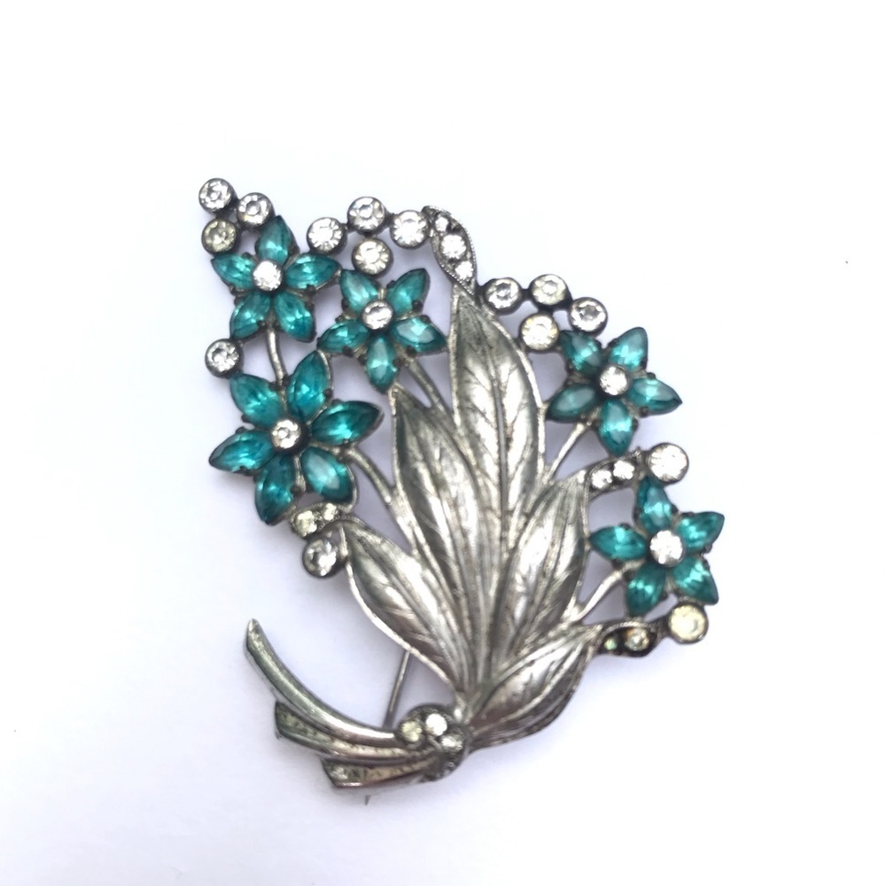 OTIS Vintage Sterling Silver Aqua Clear Rhinestone Floral Bouquet Brooch Pin 2in